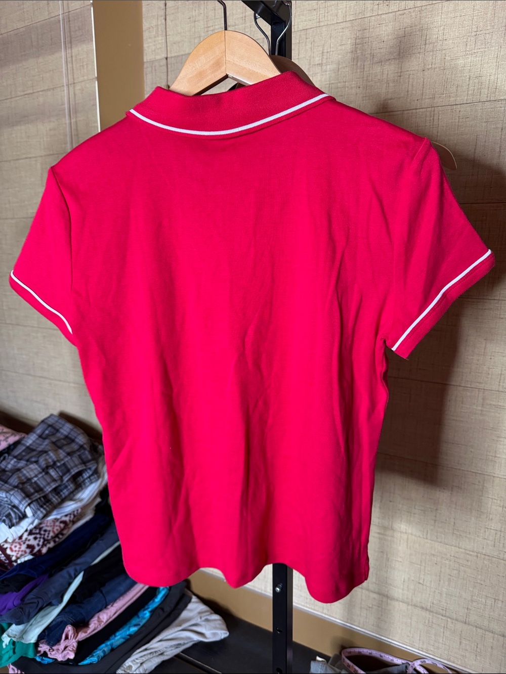 Tommy Hilfiger Red Johnny Collar Polo Shirt PXL White Trim Cotton Top - Picture 8 of 8